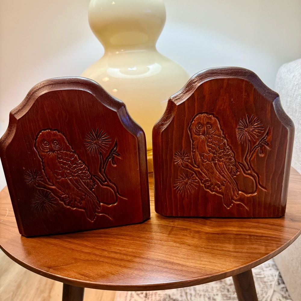 MCM Carved Owl Wood and Metal Bookends